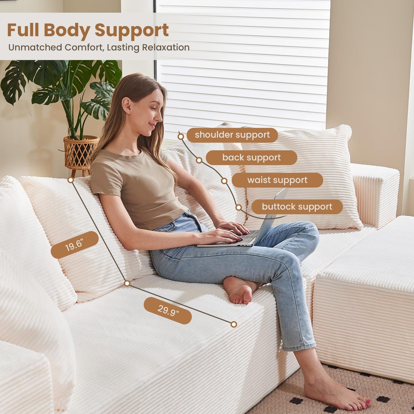 108" Beige L-Shaped Modular Sectional Sofa, Corduroy Boneless Cloud Couch with Deep Seat, No Assembly for Living Room