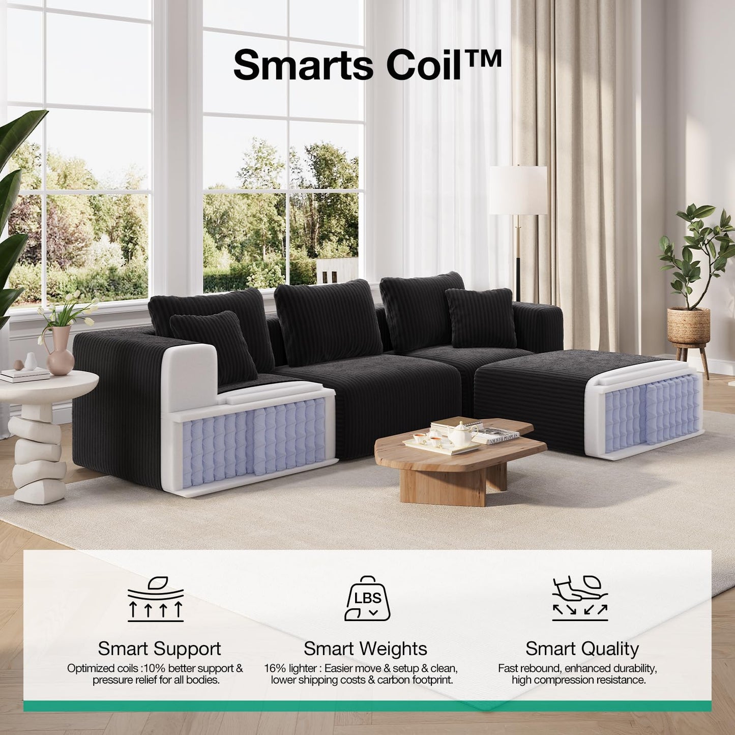 106" Modular U Shaped Cloud Sectional Sofa with Smarts Coil™ Support, 3-Seat Boneless Couch with 2 Ottomans for Living Room or Apartment, No Assembly Required