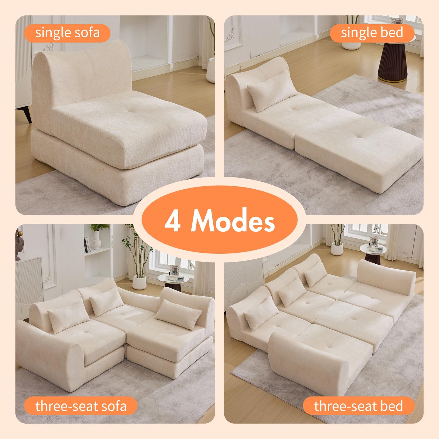 101.6" Beige Modular Sectional Cloud Sofa, 4-in-1 Folding Convertible Floor Couch, Boneless Cushion Sofa for Living Room