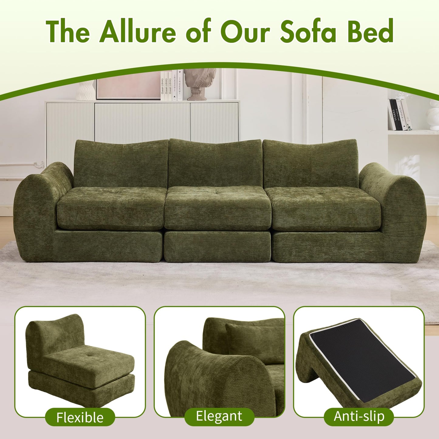 101.6" Green Modular Sectional Cloud Sofa, 4-in-1 Folding Convertible Floor Couch, Boneless Cushion Sofa for Living Room