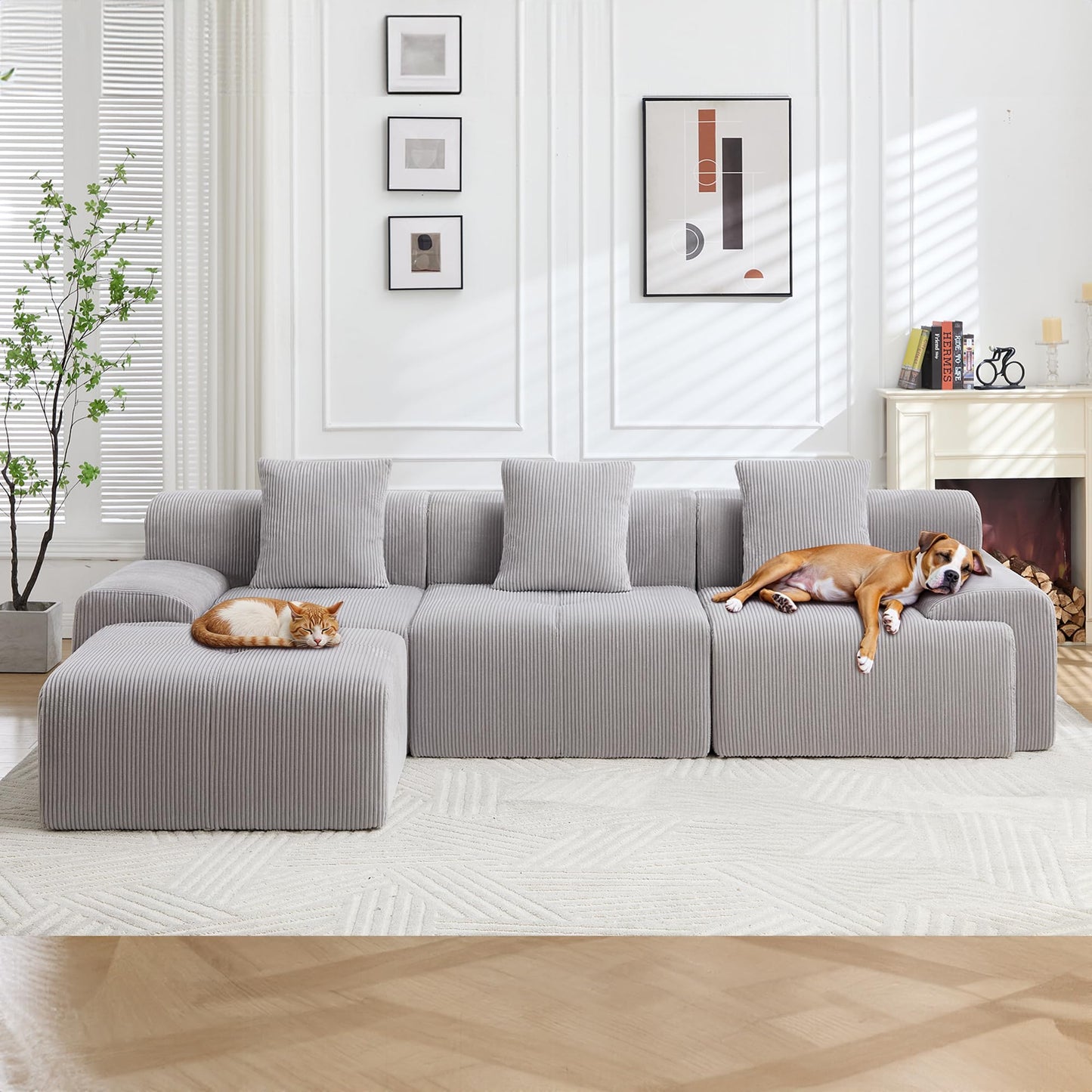 108" Camel L-Shaped Modular Sectional Sofa, Boneless Deep Seat Couch with Chaise and 2-Seaters, Modern Upholstered Couch for Living Room, Right-Facing Chaise