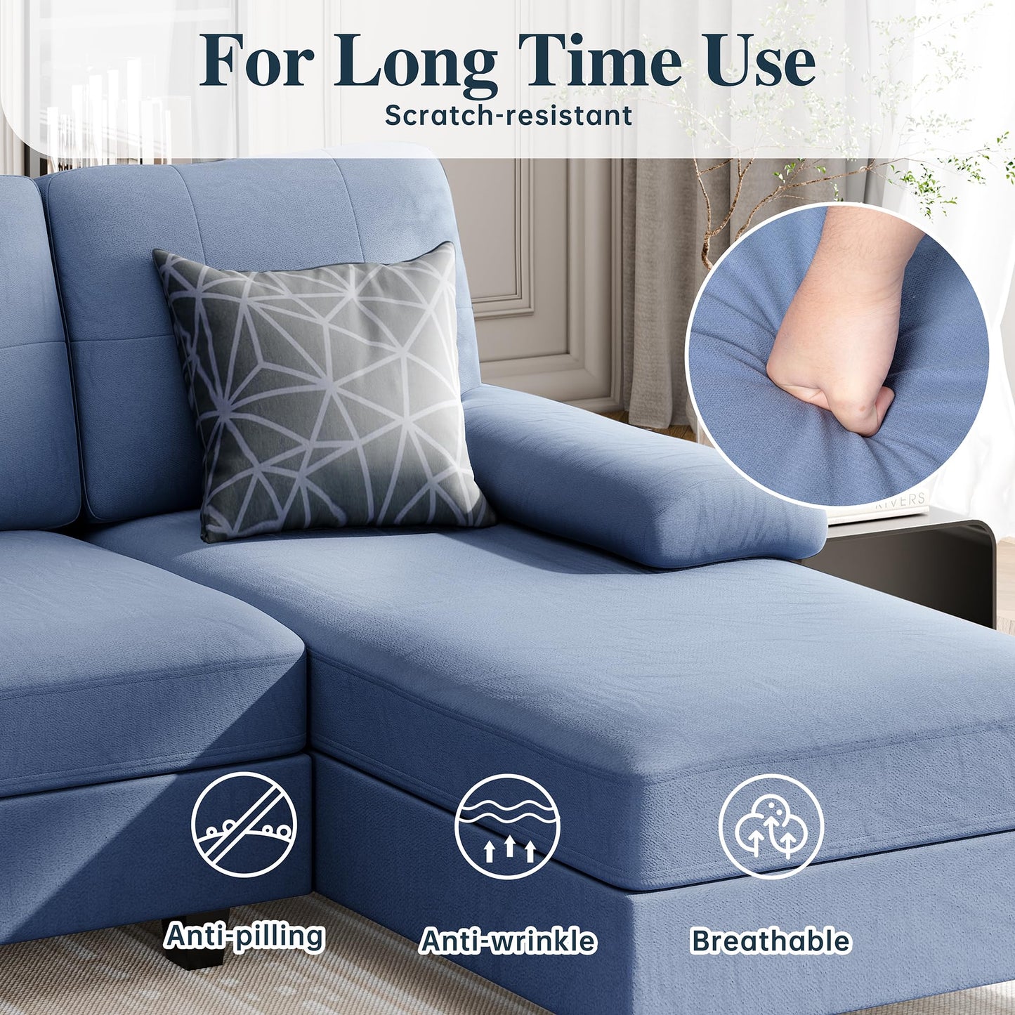 106" U Shaped Sectional Sofa with Double Chaise, 4-Seat Fabric Couch with Wide Seats for Living Room, Blue