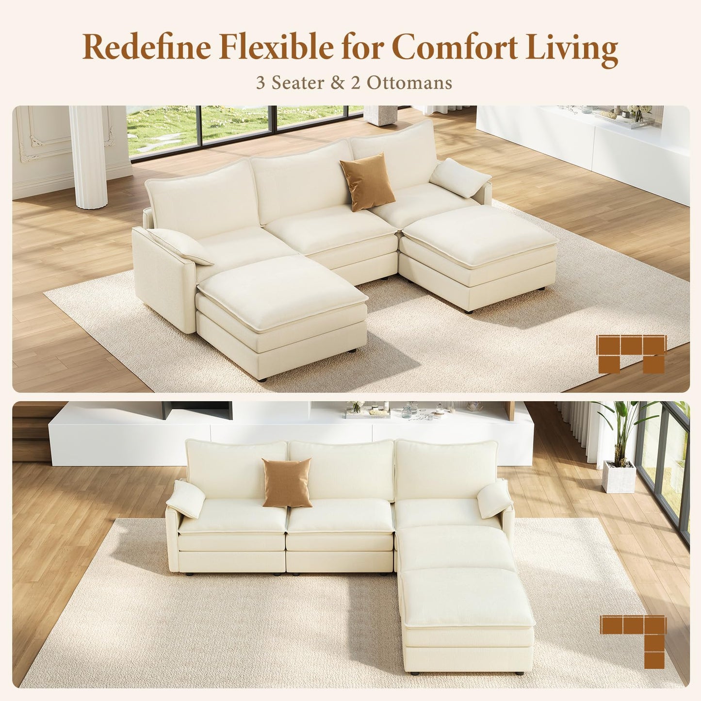 108" Beige U-Shaped Sectional Couch, Comfy Cloud Modular Sofa with 2 Ottomans, Deep Seat Chenille Sofa for Living Room