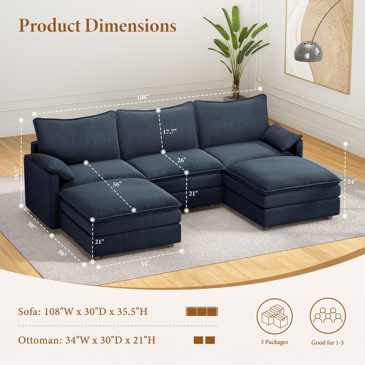108" Blue U-Shaped Sectional Couch, Comfy Cloud Modular Sofa with 2 Ottomans, Deep Seat Chenille Sofa for Living Room