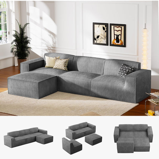 111" Grey L-Shaped Modular Cloud Sofa, Corduroy Sectional Couch with Deep Seats, High-Back and Ottoman, No Assembly for Living Room