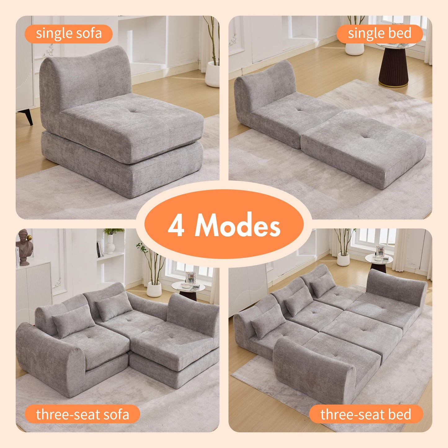 101.6" Gray Modular Sectional Cloud Sofa, 4-in-1 Folding Convertible Floor Couch, Boneless Cushion Sofa for Living Room