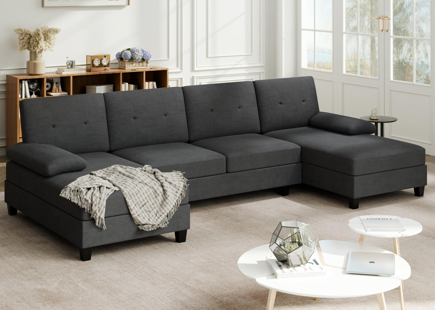 106" U Shaped Sectional Sofa with Double Chaise, Soft 4-Seat Couch for Living Room, Black
