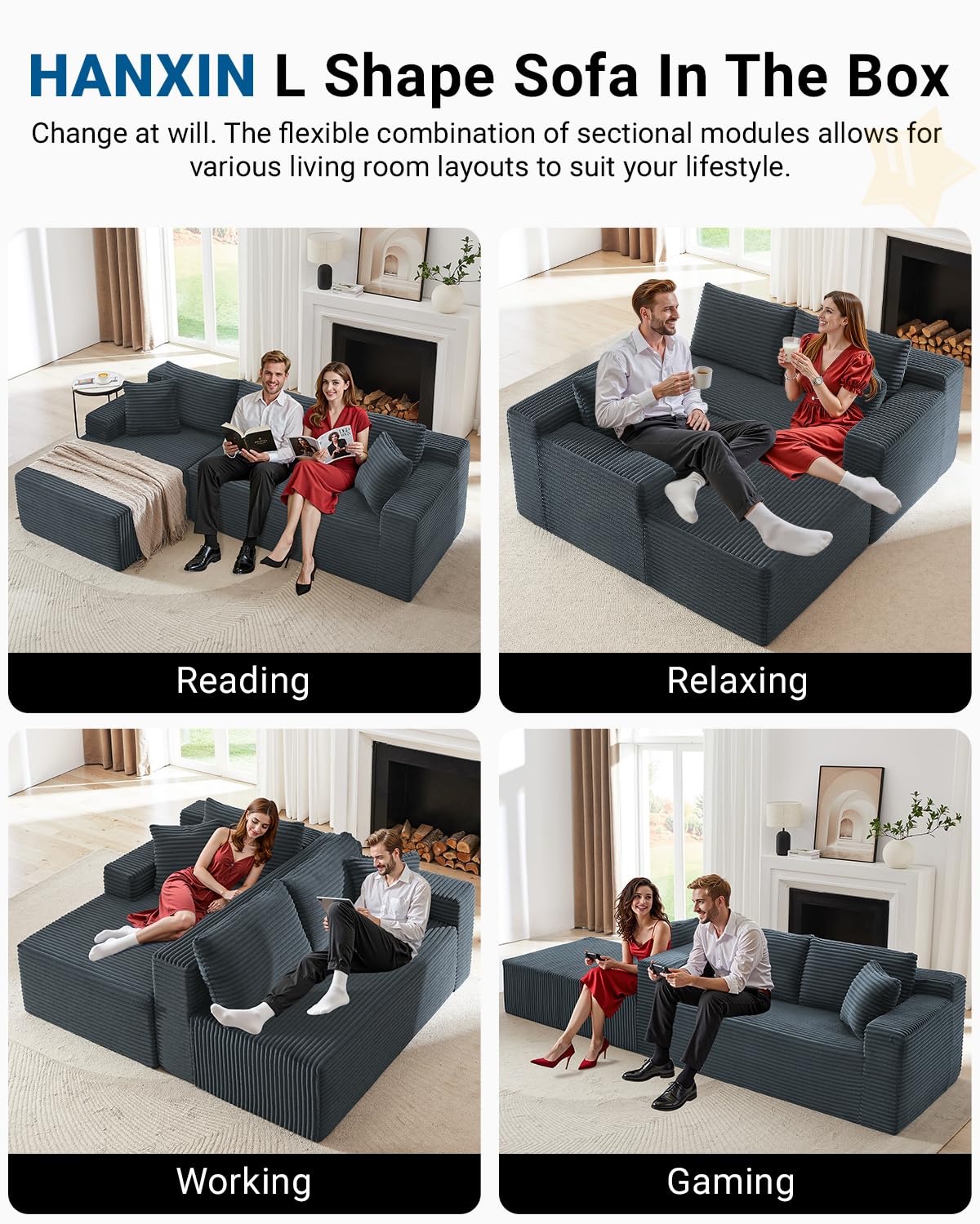 105" Green L-Shaped Cloud Sectional Couch, Modern Modular Sofa with Deep Seat, Corduroy Boneless Couch, No Assembly, Left-Facing Chaise