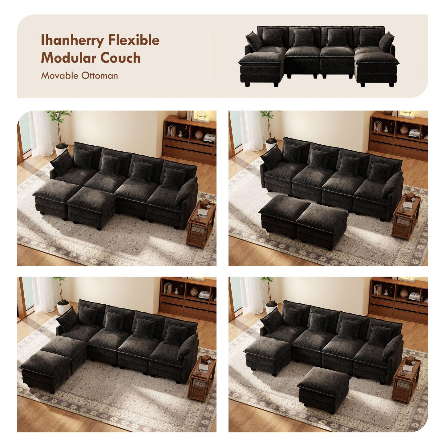 106" Black U-Shaped Modular Sectional Cloud Sofa, 6-Seat Chenille Couch with Ottoman for Living Room, Bedroom, Apartment