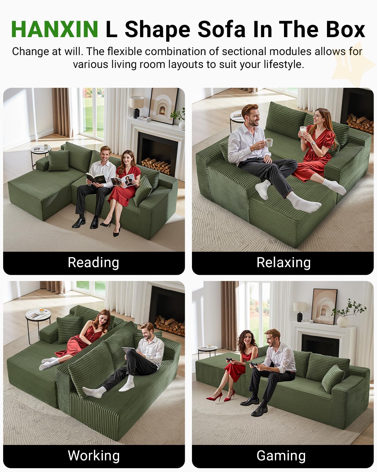 105" White L-Shaped Modular Cloud Sectional Sofa, Modern Couch with Deep Seat, Corduroy Boneless Couch, No Assembly, Left-Facing Chaise