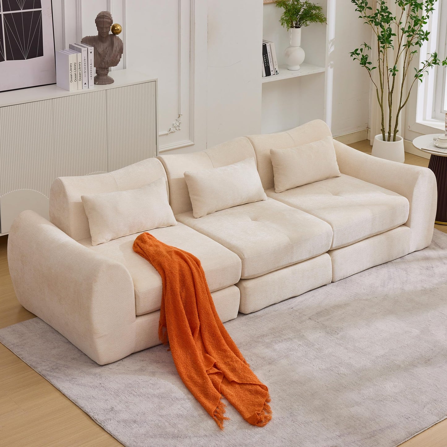 101.6" Beige Modular Sectional Cloud Sofa, 4-in-1 Folding Convertible Floor Couch, Boneless Cushion Sofa for Living Room