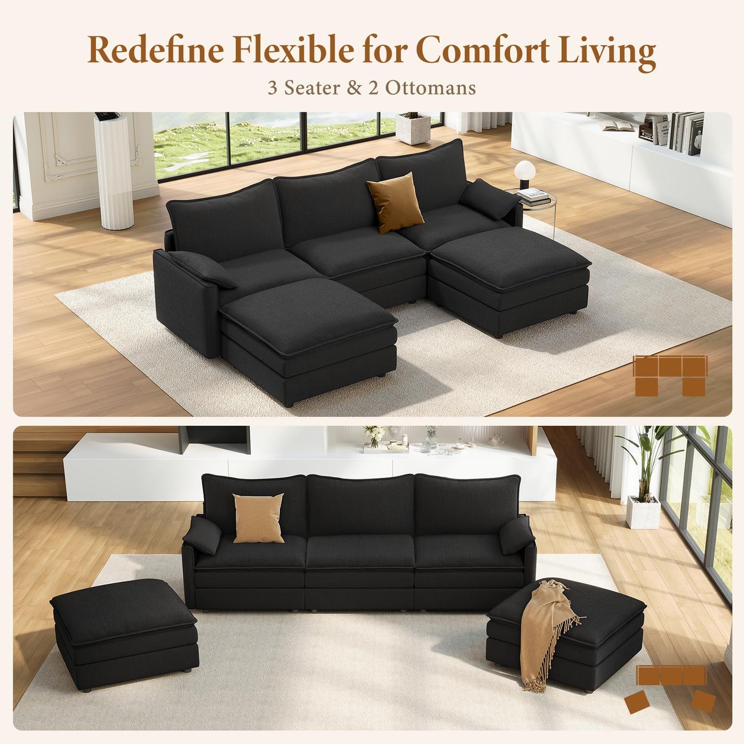 108" Black U-Shaped Sectional Couch, Comfy Cloud Modular Sofa with 2 Ottomans, Deep Seat Chenille Sofa for Living Room