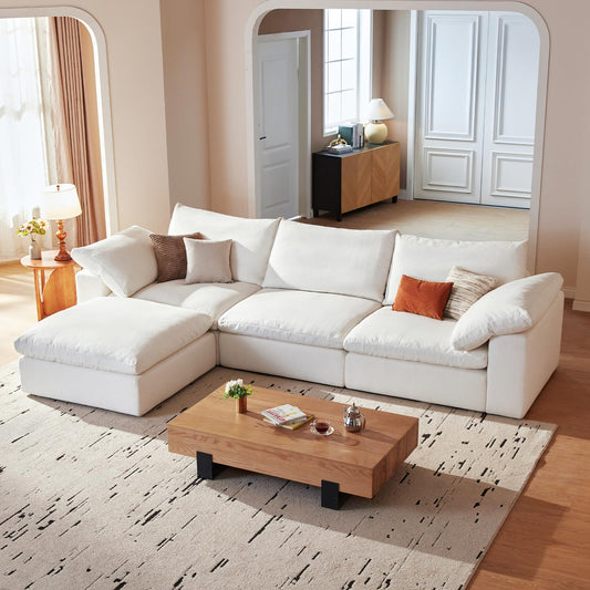 110.2" White L-Shaped Modular Cloud Sofa, 3-Seat Sectional Couch with Ottoman, Deep Seat Comfy Sofa with Washable Cover