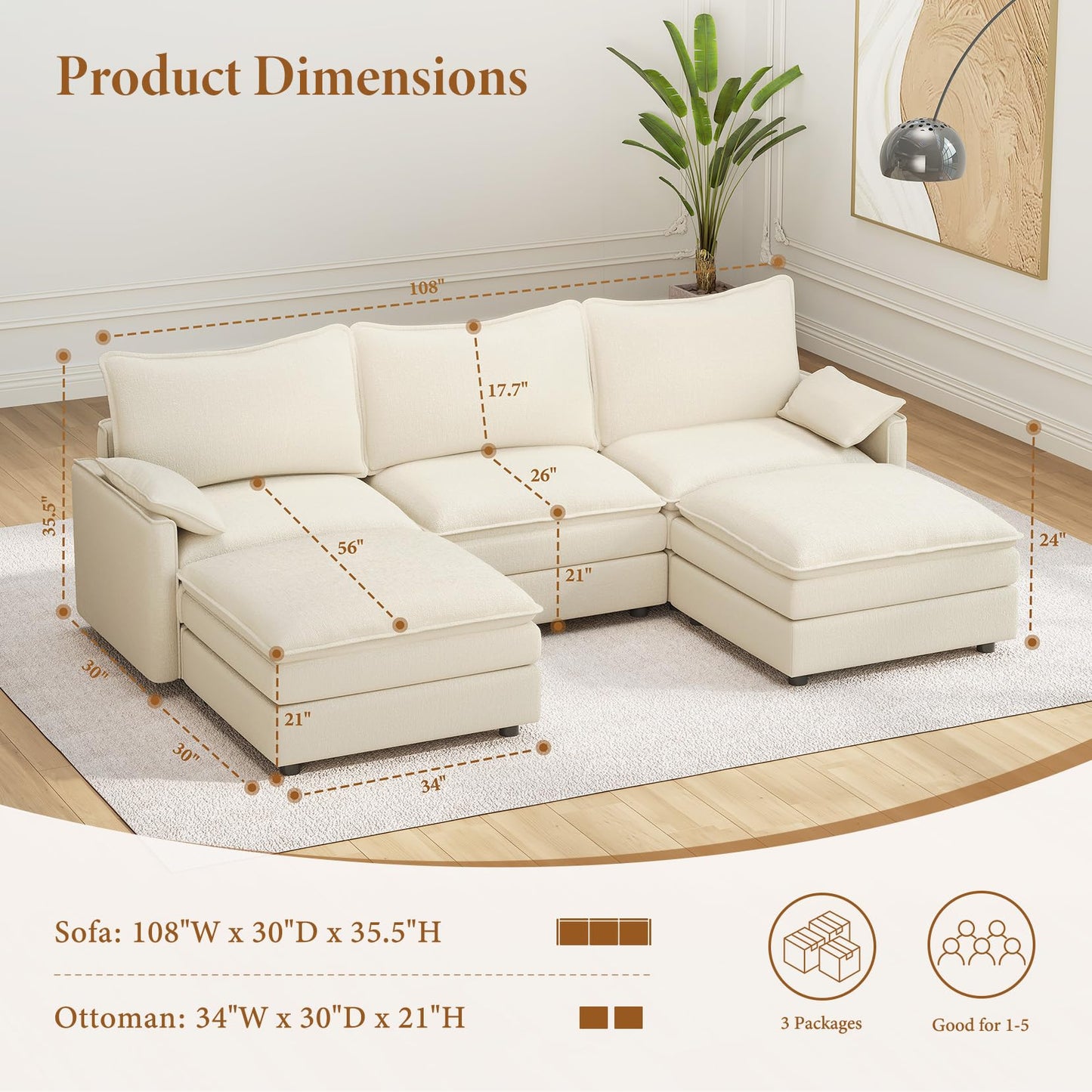 108" Beige U-Shaped Sectional Couch, Comfy Cloud Modular Sofa with 2 Ottomans, Deep Seat Chenille Sofa for Living Room