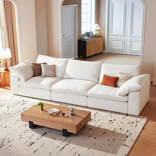 110.2" White Modular Cloud Sofa, 3-Seat Sectional Couch with Deep Seat, Modern Comfy Sofa with Washable Cover for Living Room