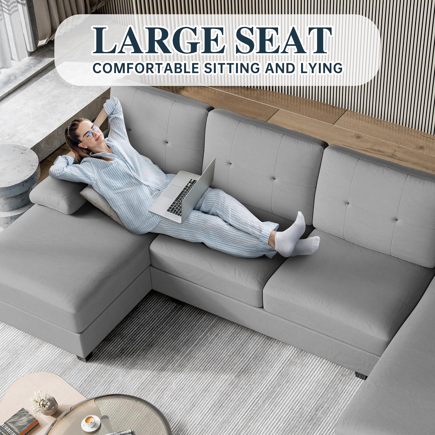 106" U Shaped Sectional Sofa with Wide Double Chaise, 4-Seat Comfortable Fabric Couch for Living Room or Apartment, Pure Light Grey