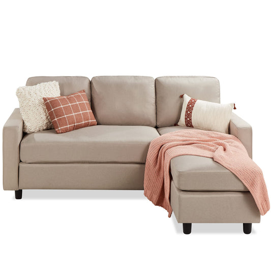 Upholstered 3-Seat L-Shape Sectional Sofa with Chaise Lounge and Reversible Ottoman Bench for Compact Spaces, Beige