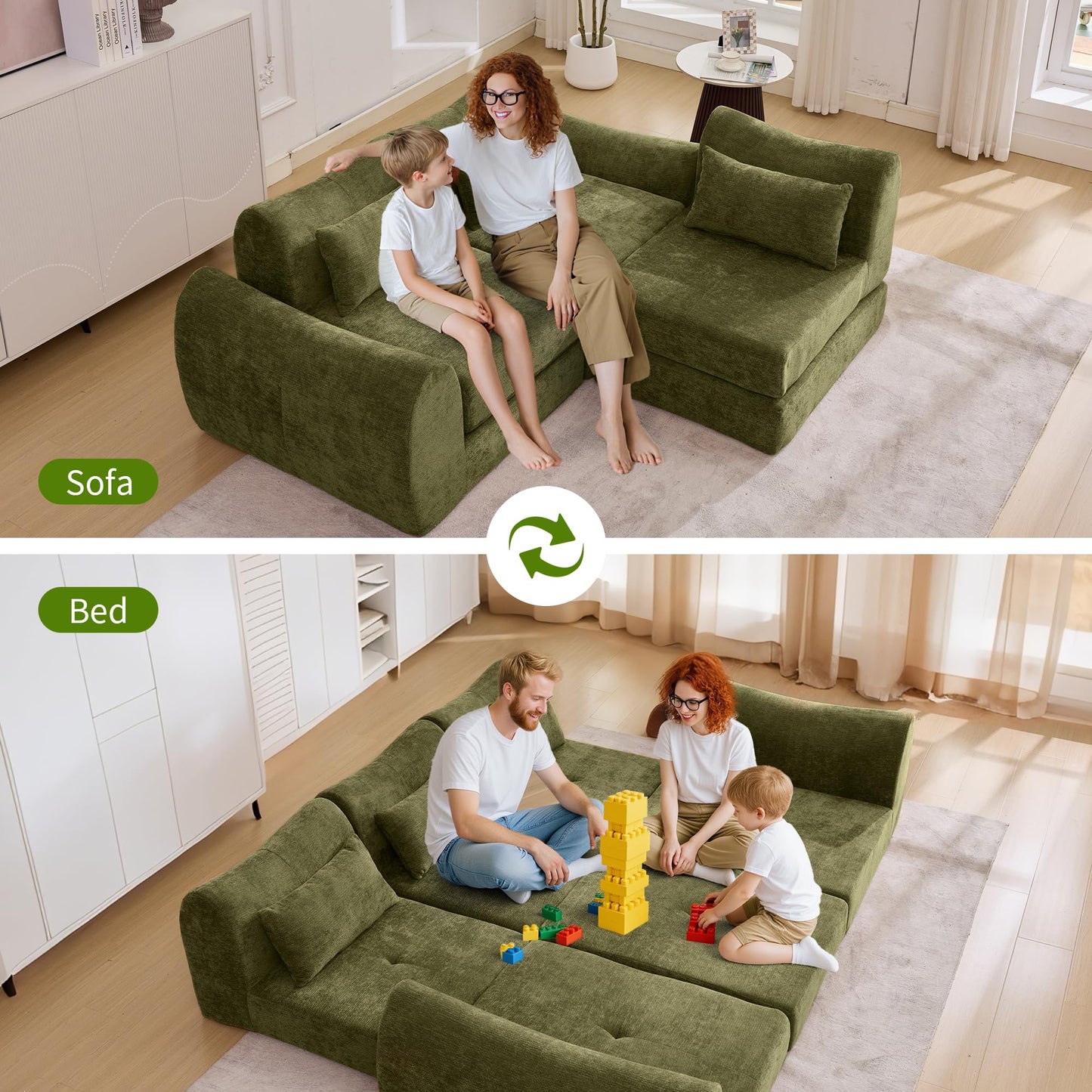 101.6" Green Modular Sectional Cloud Sofa, 4-in-1 Folding Convertible Floor Couch, Boneless Cushion Sofa for Living Room