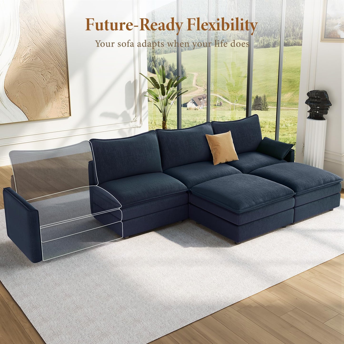 108" Blue U-Shaped Sectional Couch, Comfy Cloud Modular Sofa with 2 Ottomans, Deep Seat Chenille Sofa for Living Room