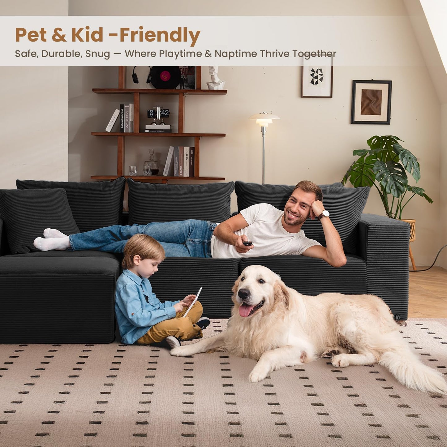 108" Black L-Shaped Modular Sectional Sofa, Corduroy Boneless Cloud Couch with Deep Seat, No Assembly for Living Room