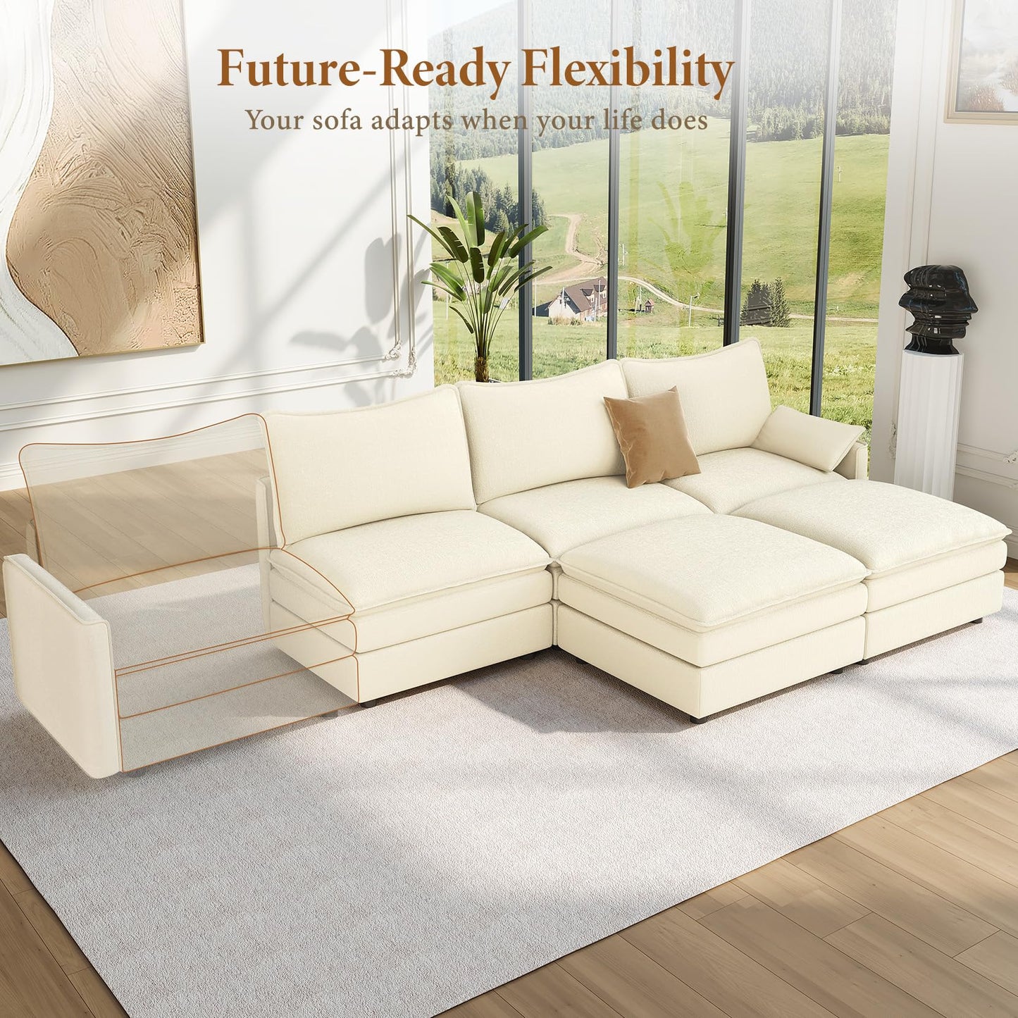 108" Beige U-Shaped Sectional Couch, Comfy Cloud Modular Sofa with 2 Ottomans, Deep Seat Chenille Sofa for Living Room