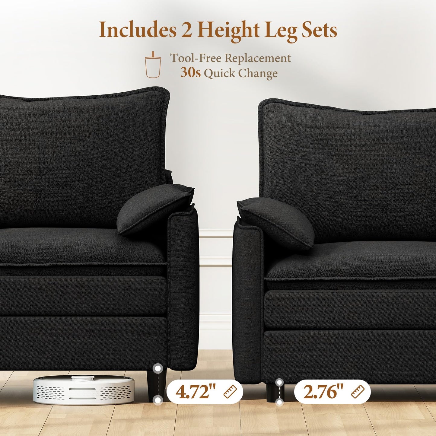 108" Black U-Shaped Sectional Couch, Comfy Cloud Modular Sofa with 2 Ottomans, Deep Seat Chenille Sofa for Living Room