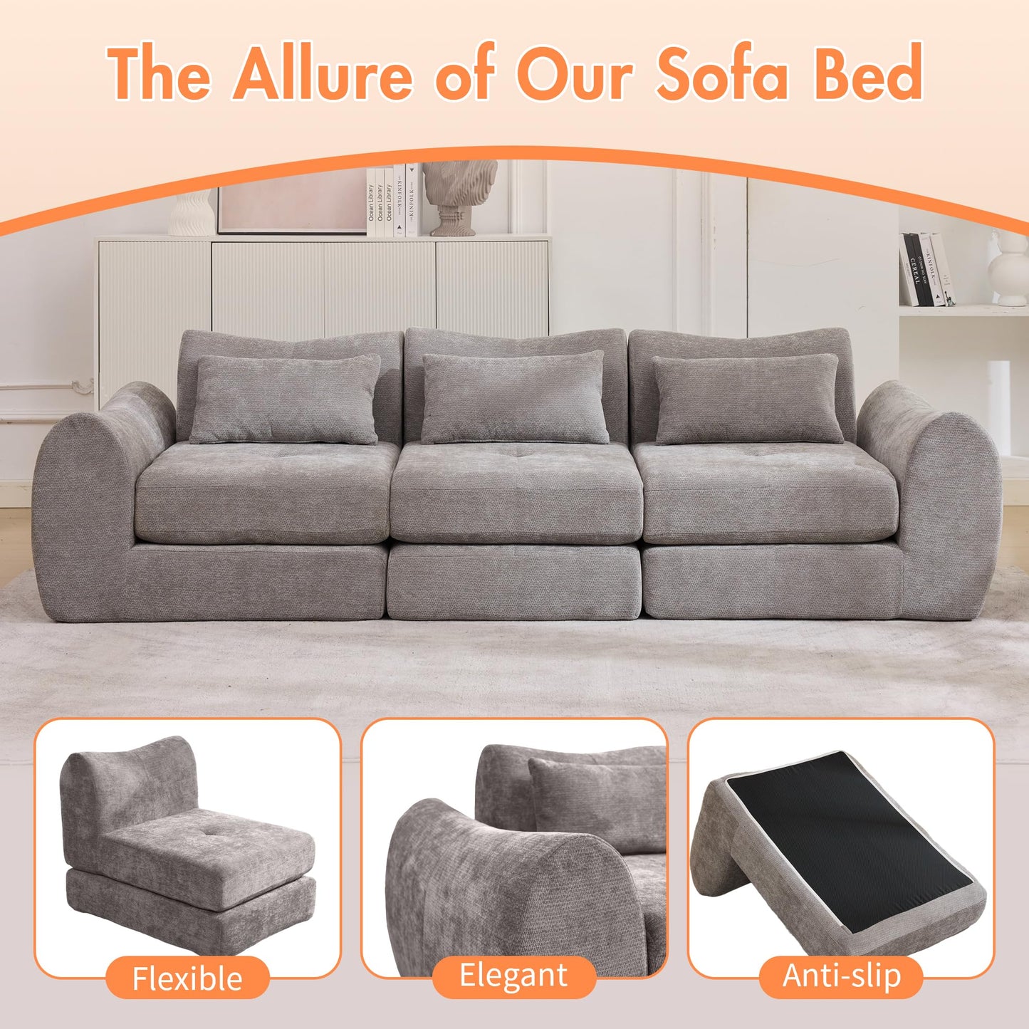 101.6" Gray Modular Sectional Cloud Sofa, 4-in-1 Folding Convertible Floor Couch, Boneless Cushion Sofa for Living Room