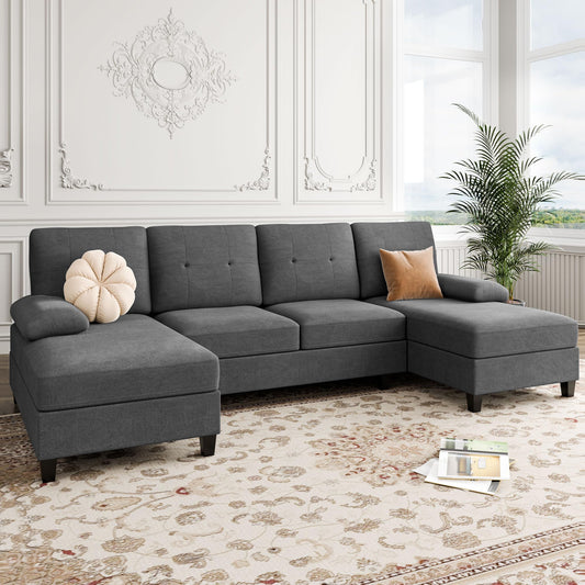U-Shaped Sectional Sofa with Double Chaise, 4-Seat Linen Fabric, High-Density Cushions for Comfort, Modern Style, Black
