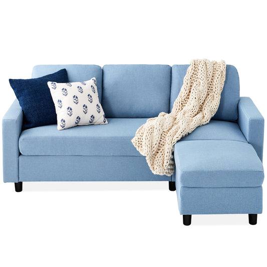 Upholstered 3-Seat L-Shape Sectional Sofa with Chaise Lounge and Reversible Ottoman Bench for Compact Spaces, Light Blue