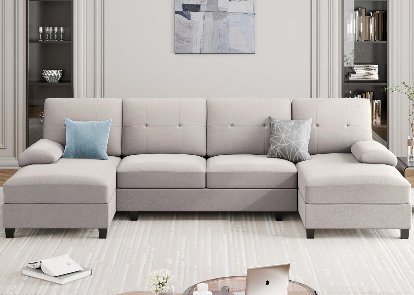 106" U Shaped Sectional Sofa with Double Chaises, 4-Seat Couch with Oversized Seats for Living Room, White