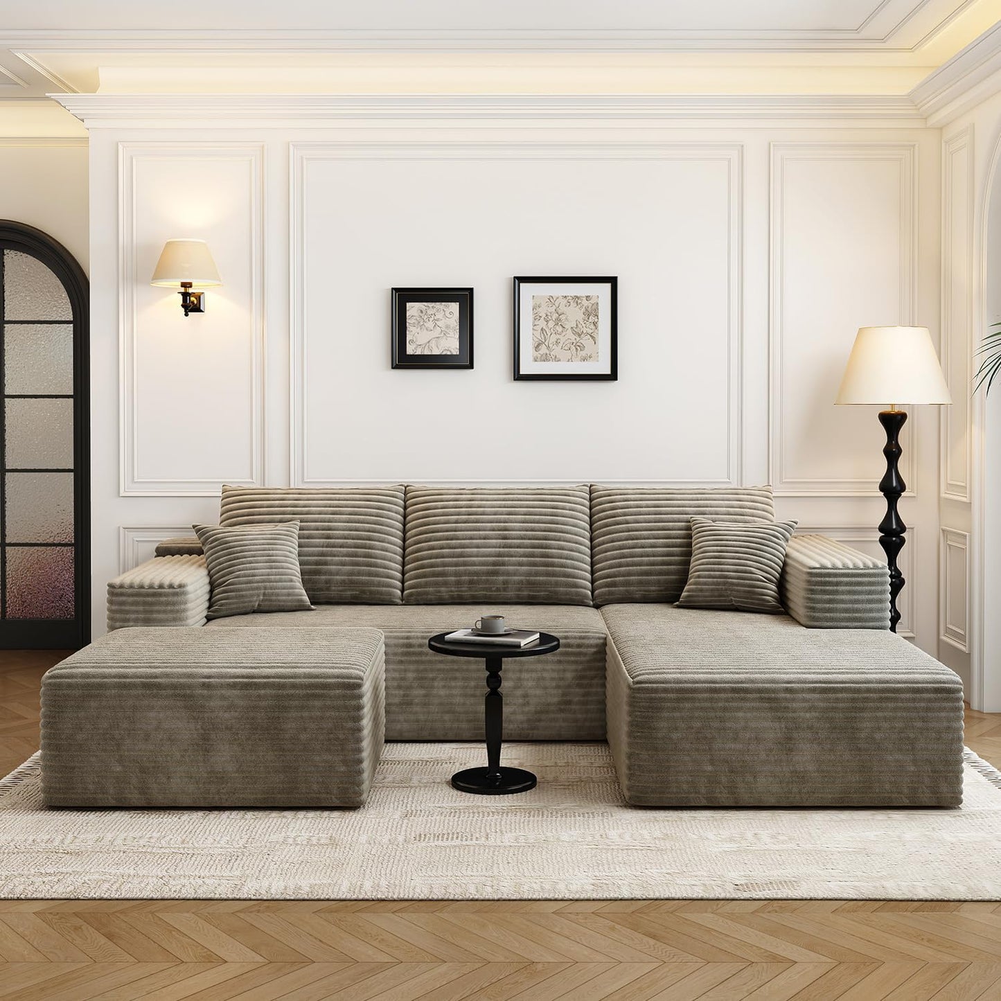 107.5" Camel U-Shaped Cloud Modular Sectional Sofa with 1 Ottoman, Modern Deep Seat Upholstered Couch, Right-Facing Chaise, No Assembly Required