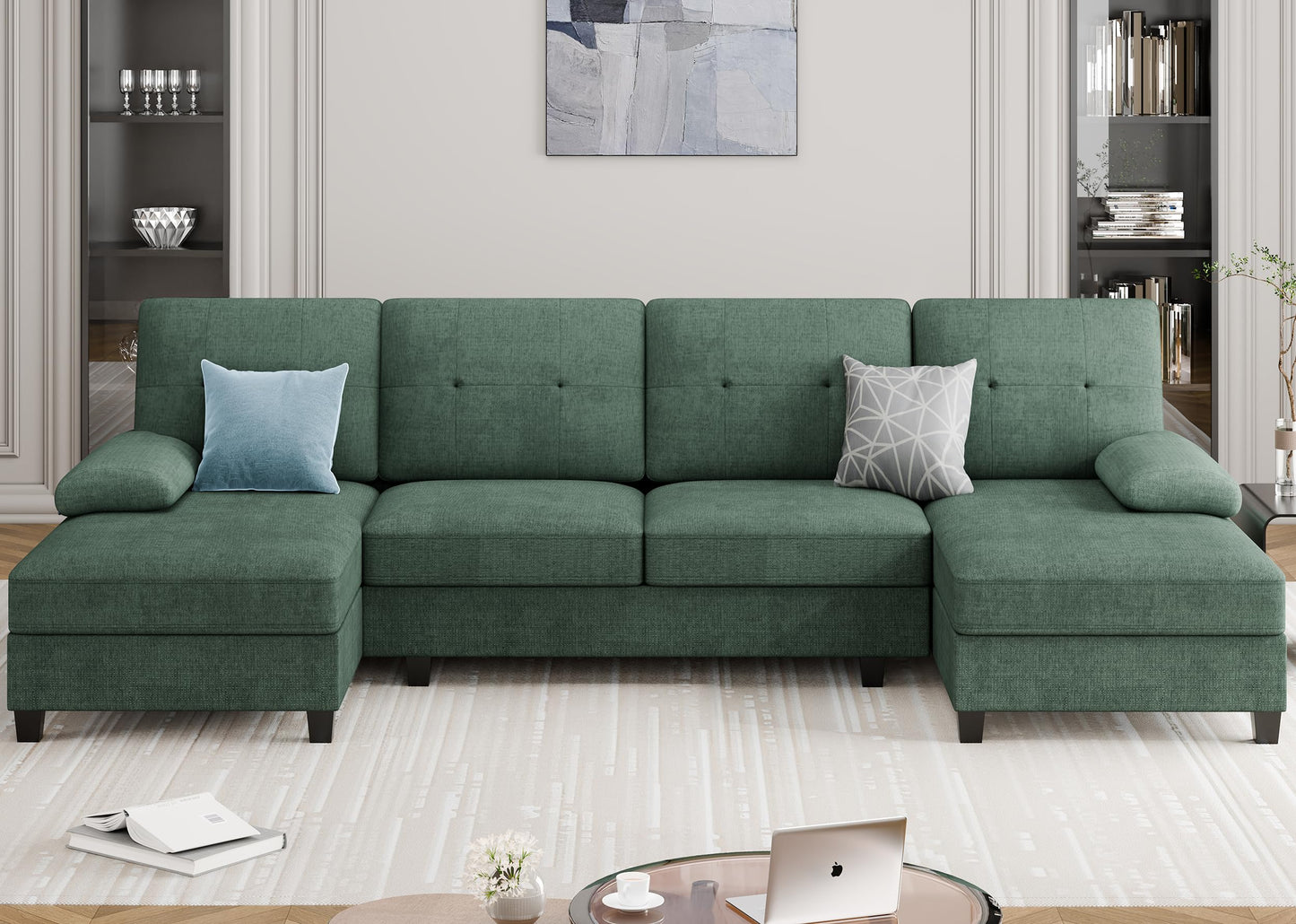106" U Shaped Sectional Sofa with Double Chaise, Soft Fabric 4-Seat Couch for Living Room or Apartment, Green