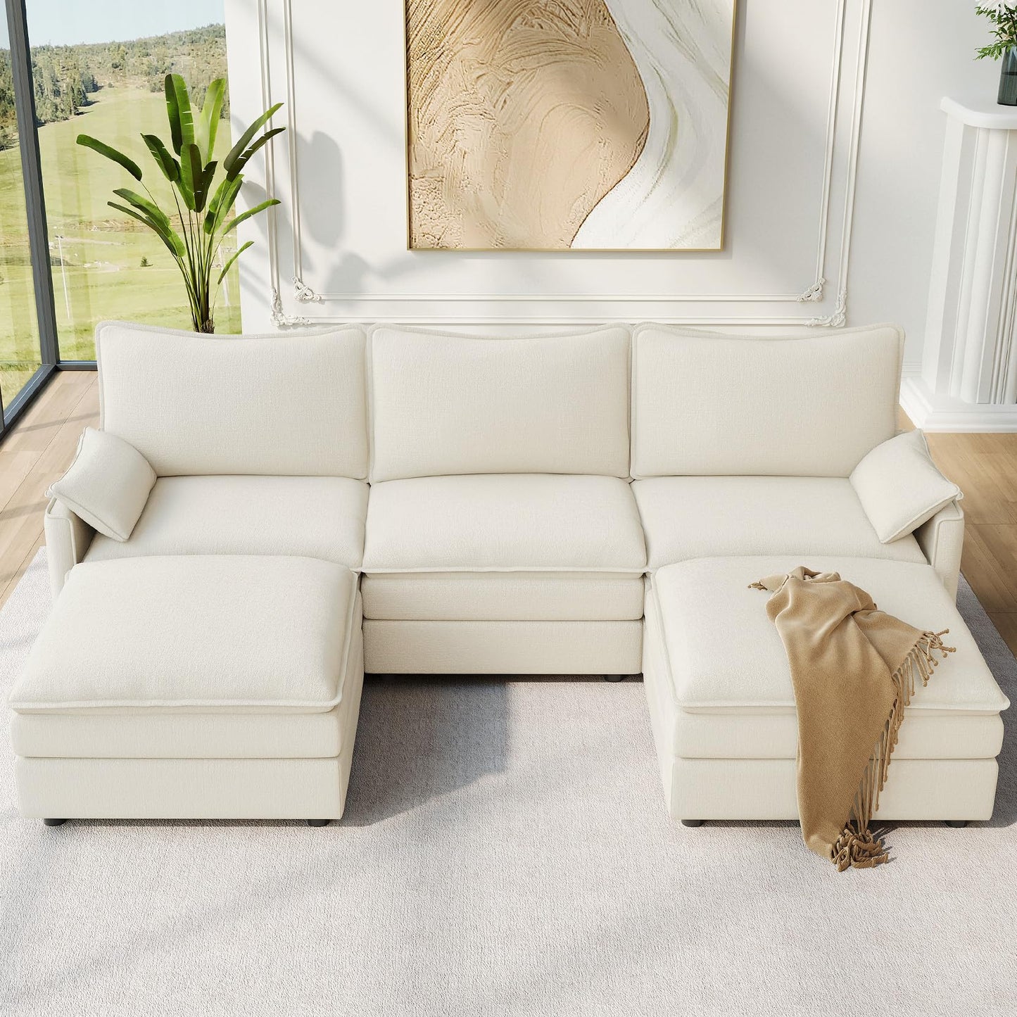 108" Creamy Beige U-Shaped Sectional Couch, Comfy Cloud Modular Sofa with 2 Ottomans, Deep Seat Chenille Sofa for Living Room