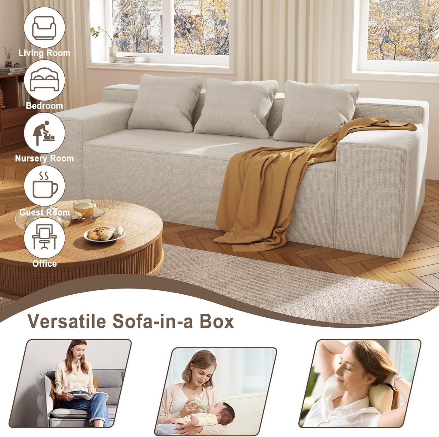 105" Beige 3-Seater Modular Sectional Sofa, Deep Seat Corduroy Lounge Couch with Movable Cushions for Living Room, Bedroom, Apartment, Office