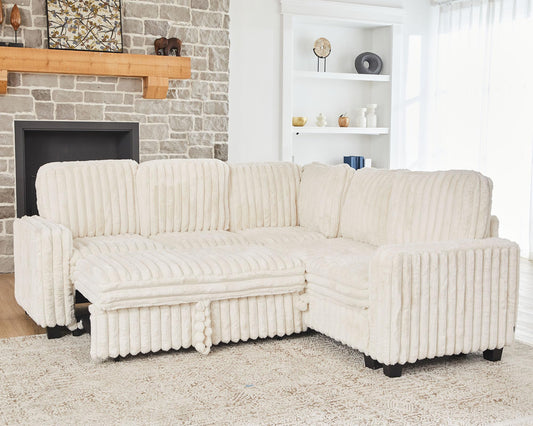 White Plush Corduroy Modular Sectional Sofa, Convertible Corner Couch with Pull-Out Bed for Living Room