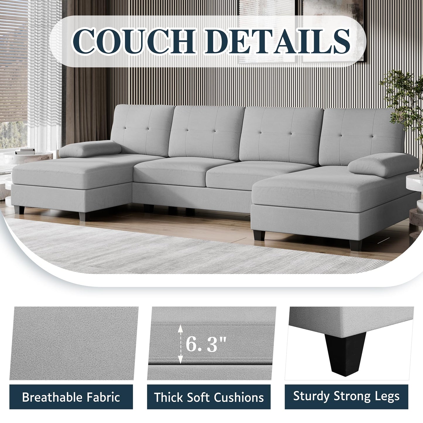 106" U Shaped Sectional Sofa with Wide Double Chaise, 4-Seat Comfortable Fabric Couch for Living Room or Apartment, Pure Light Grey