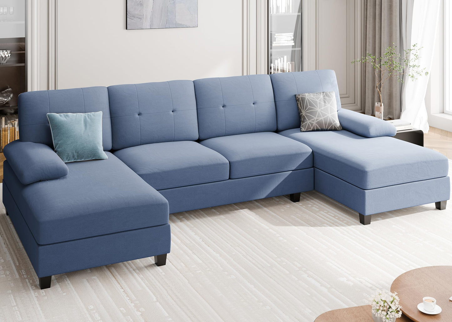 106" U Shaped Sectional Sofa with Double Chaise, 4-Seat Fabric Couch with Wide Seats for Living Room, Blue
