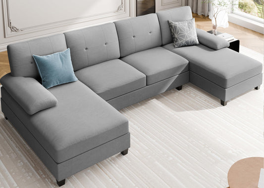 106" U Shaped Sectional Sofa with Wide Double Chaise, 4-Seat Comfortable Fabric Couch for Living Room or Apartment, Pure Light Grey