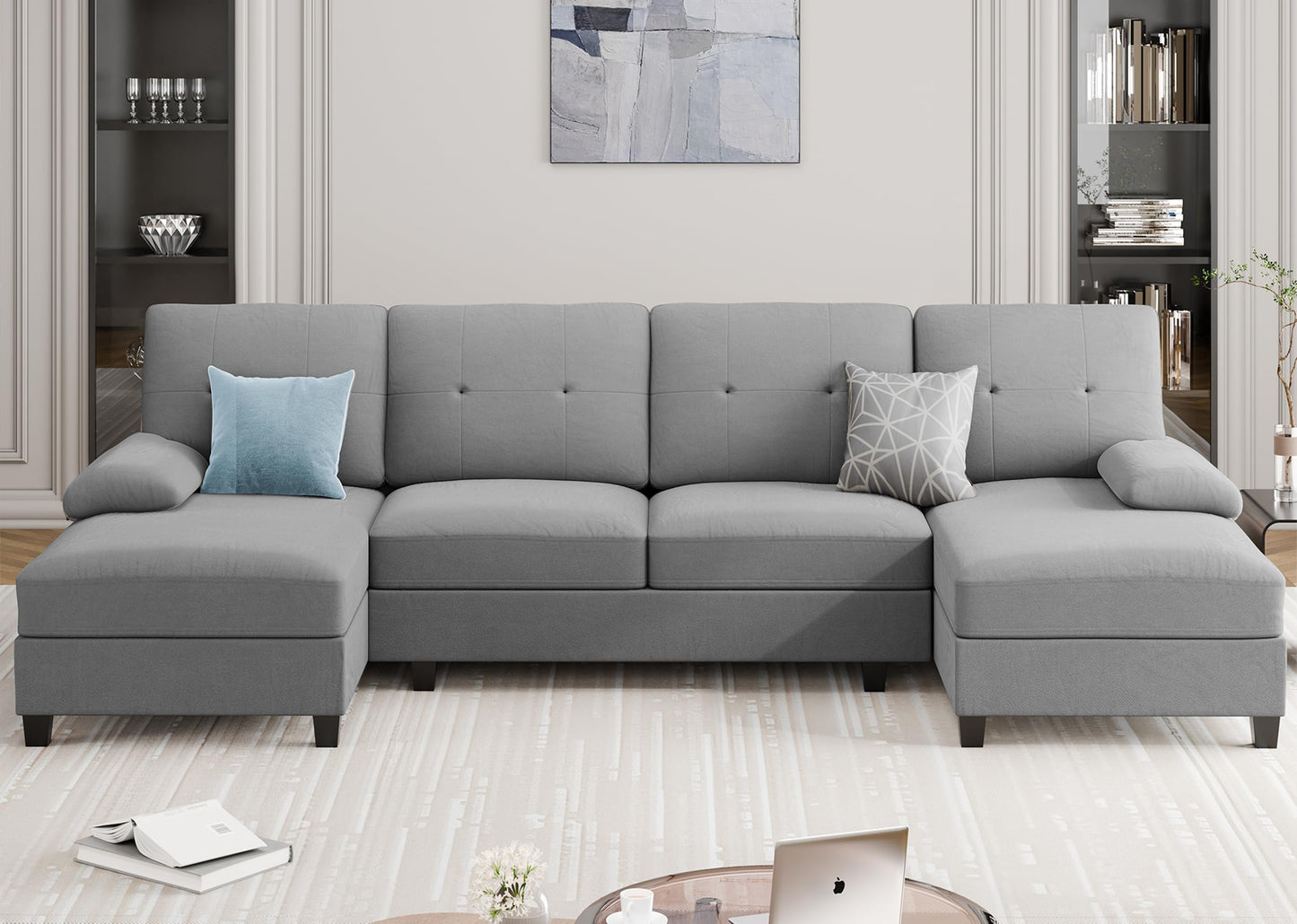 106" U Shaped Sectional Sofa with Wide Double Chaise, 4-Seat Comfortable Fabric Couch for Living Room or Apartment, Pure Light Grey