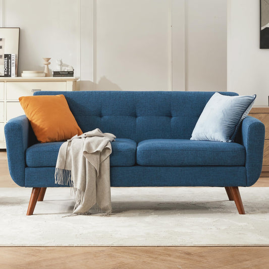 Tbfit 65" Loveseat Sofa, Mid-Century Modern Button Tufted Upholstered 2-Seater Couch for Living Room or Bedroom, Blue