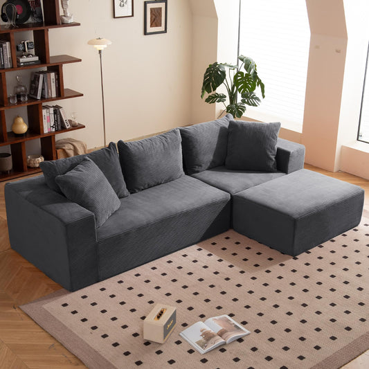108" Grey L-Shaped Modular Sectional Sofa, Corduroy Boneless Cloud Couch with Deep Seat, No Assembly for Living Room