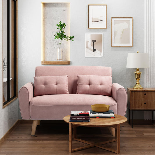 Small Modern Loveseat Sofa, 2-Seater Mid-Century Fabric Upholstered Couch with 2 Pillows for Small Spaces, Living Room, Studio, Apartment, Pink