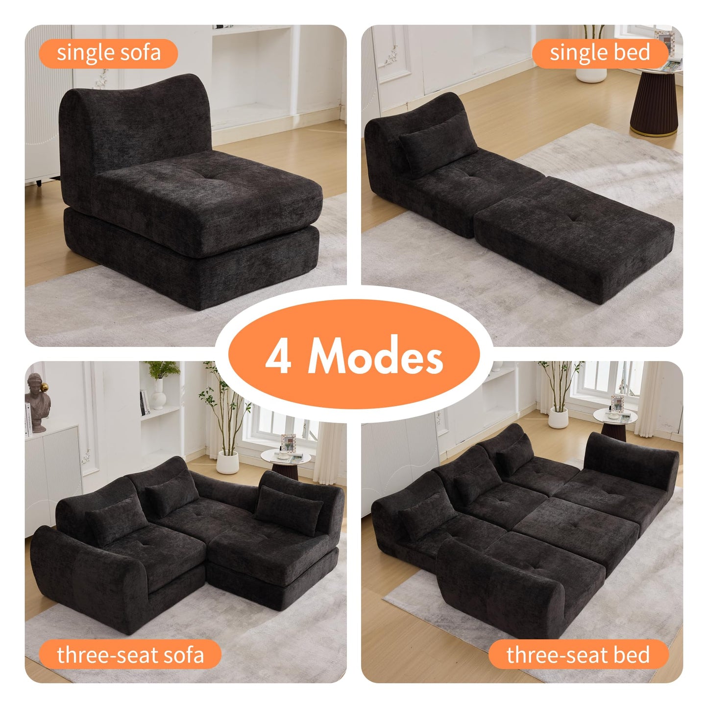 101.6" Modular Sectional Cloud Sofa,Floor Boneless Couch, 4-in-1 Folding Convertible Sofa Bed, Modular Cushion Couch,Suitable for Living Room,Bedroom and Recreation Room (Gray)