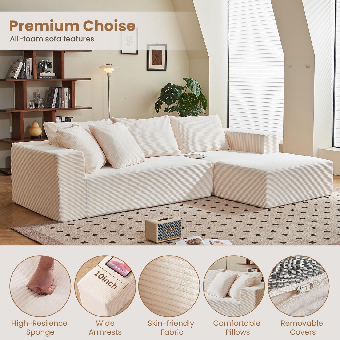 108" Beige L-Shaped Modular Sectional Sofa, Corduroy Boneless Cloud Couch with Deep Seat, No Assembly for Living Room