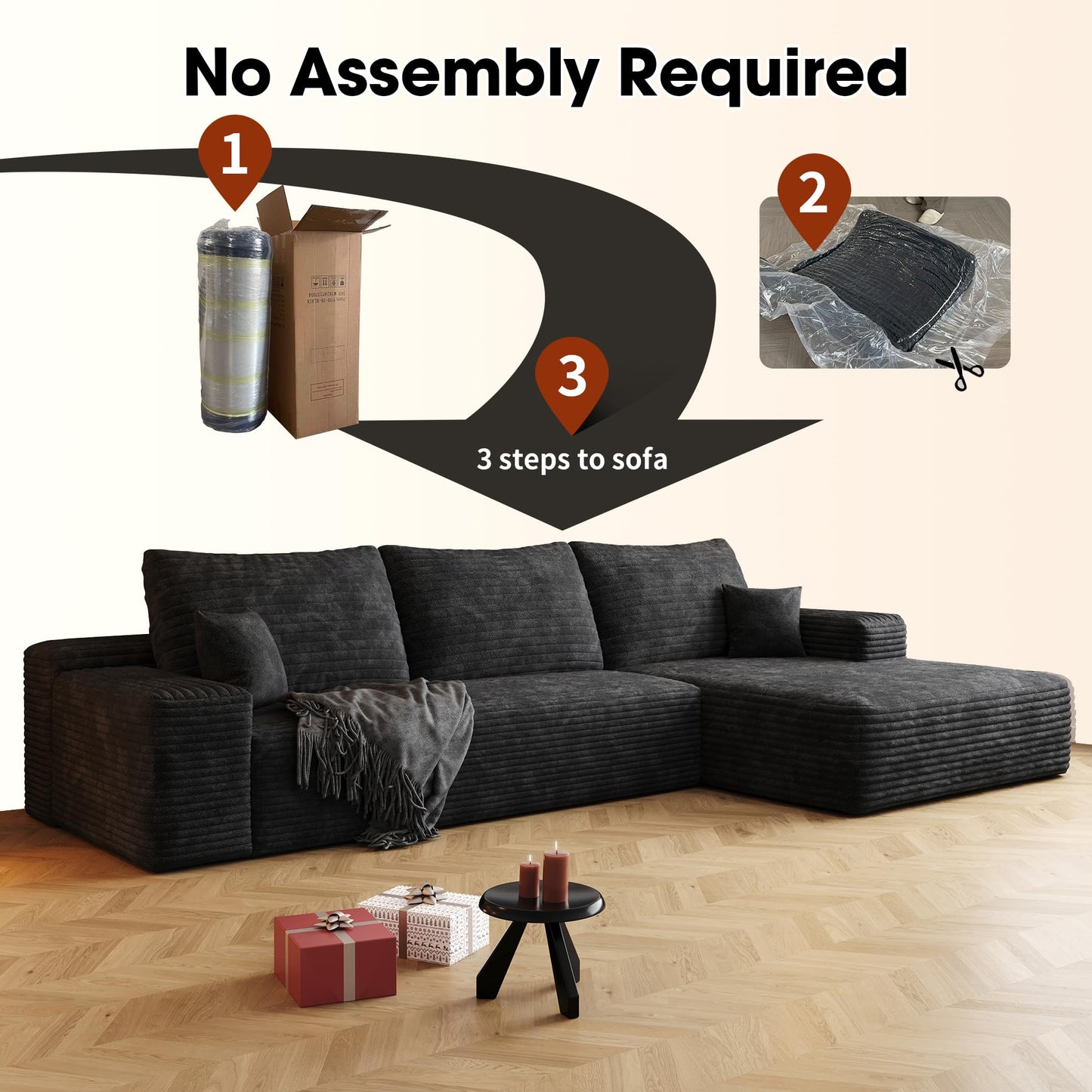 108" Black L-Shaped Modular Sectional Sofa, Boneless Deep Seat Couch with Chaise and 2-Seaters, Modern Upholstered Couch for Living Room, Right-Facing Chaise