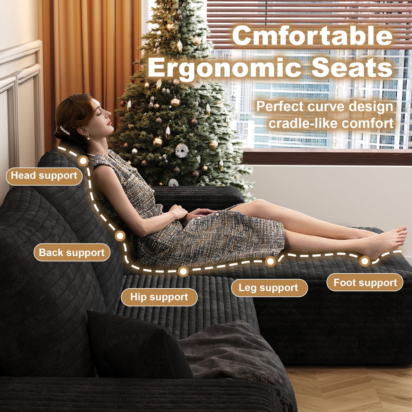 108" Black L-Shaped Modular Sectional Sofa, Boneless Deep Seat Couch with Chaise and 2-Seaters, Modern Upholstered Couch for Living Room, Right-Facing Chaise