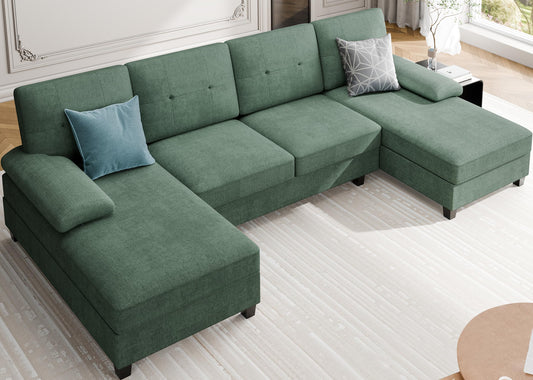 106" U Shaped Sectional Sofa with Double Chaise, Soft Fabric 4-Seat Couch for Living Room or Apartment, Green