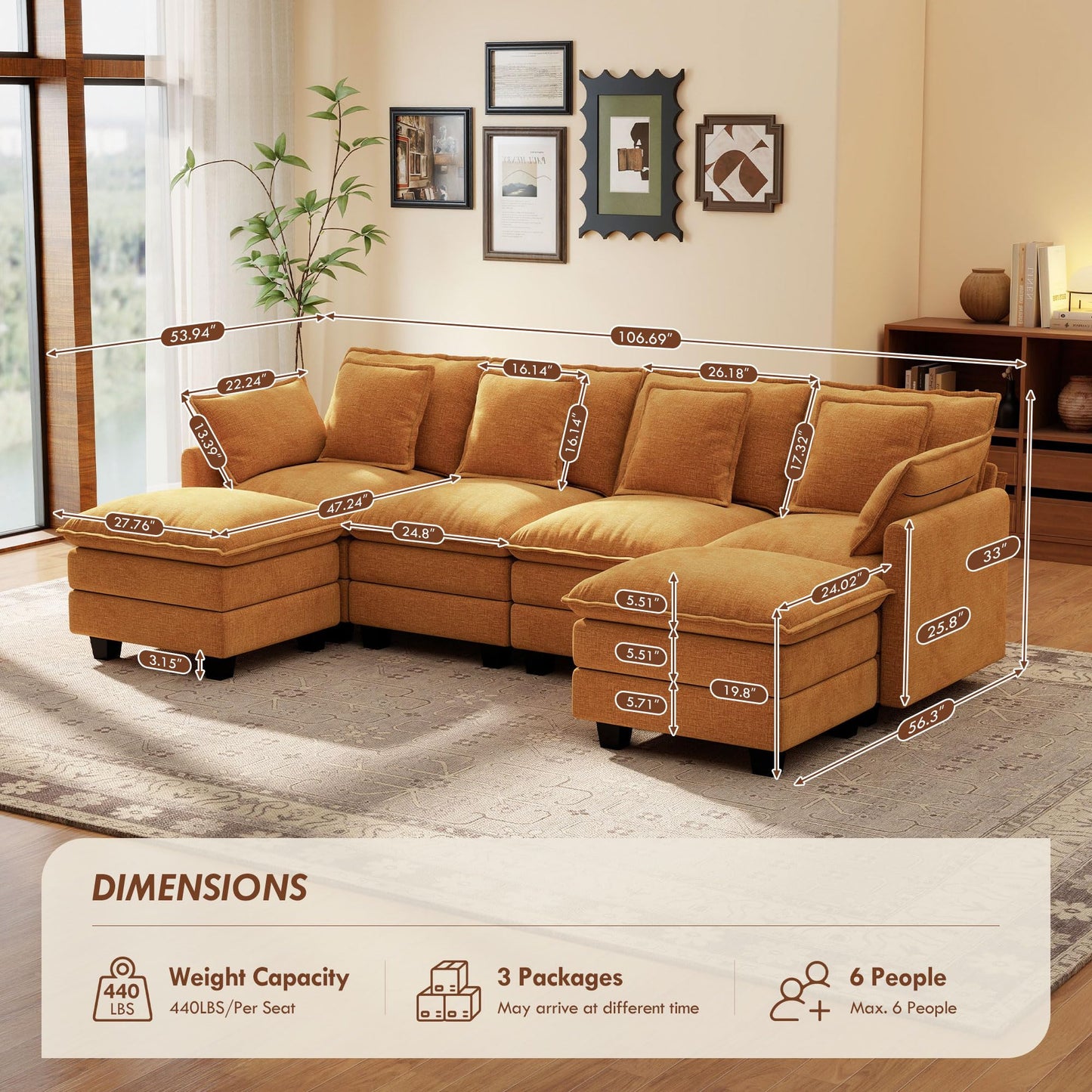 106" Orange U-Shaped Modular Sectional Cloud Sofa, 6-Seat Chenille Couch with Ottoman for Living Room, Bedroom, Apartment