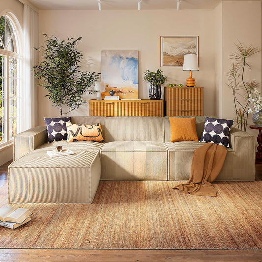 111" L-Shaped Modular Sectional Sofa with Deep Seat, Plush Corduroy Fabric, Freely Combinable, No Assembly, White