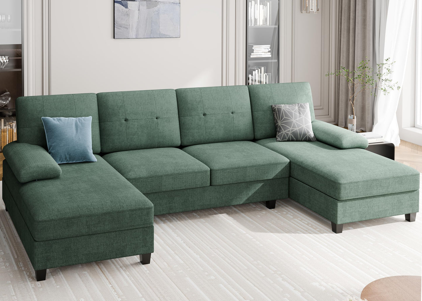 106" U Shaped Sectional Sofa with Double Chaise, Soft Fabric 4-Seat Couch for Living Room or Apartment, Green
